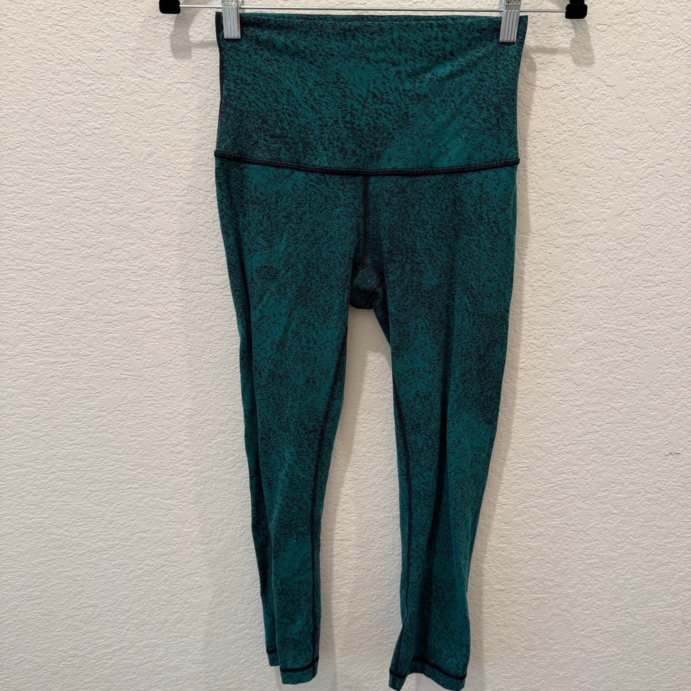Lululemon High Rise Crop Leggings Teal Black Space Dye Static Print Yoga Tights